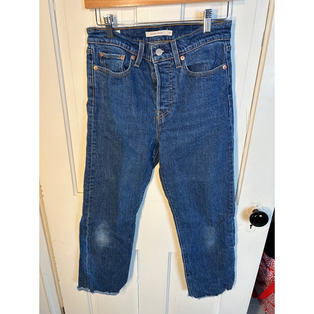 Levis‎ Wedgie Straight High Rise Raw Hem Jeans Blue 34964-0035 Womens 27x26